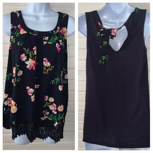 Janet Chung Sz MEDIUM Navy Blue Floral Lace Trim Flowy Sleeveless Blouse VGUC